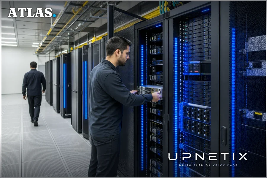 Interior de data center moderno com racks de equipamentos de alta performance para IA.