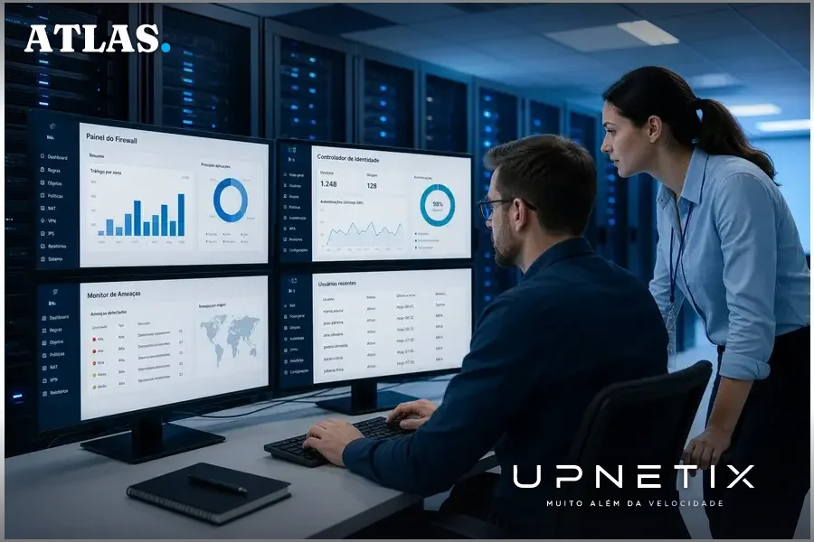 Painel de administração de firewall e controladores de identidade em sala de servidores corporativa.