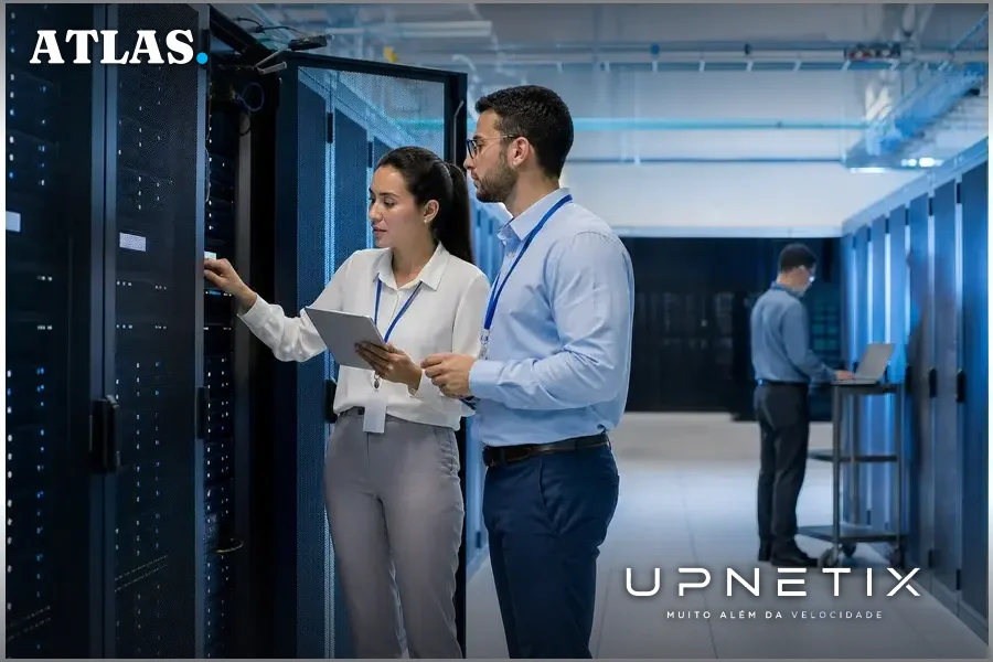Data center moderno da Microsoft com racks de servidores e engenheiros observando equipamentos