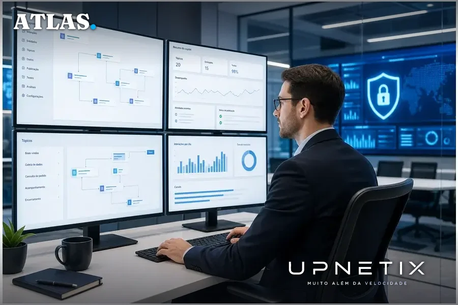 Profissional operando ambiente controlado de desenvolvimento low-code no Copilot Studio da CAIXA