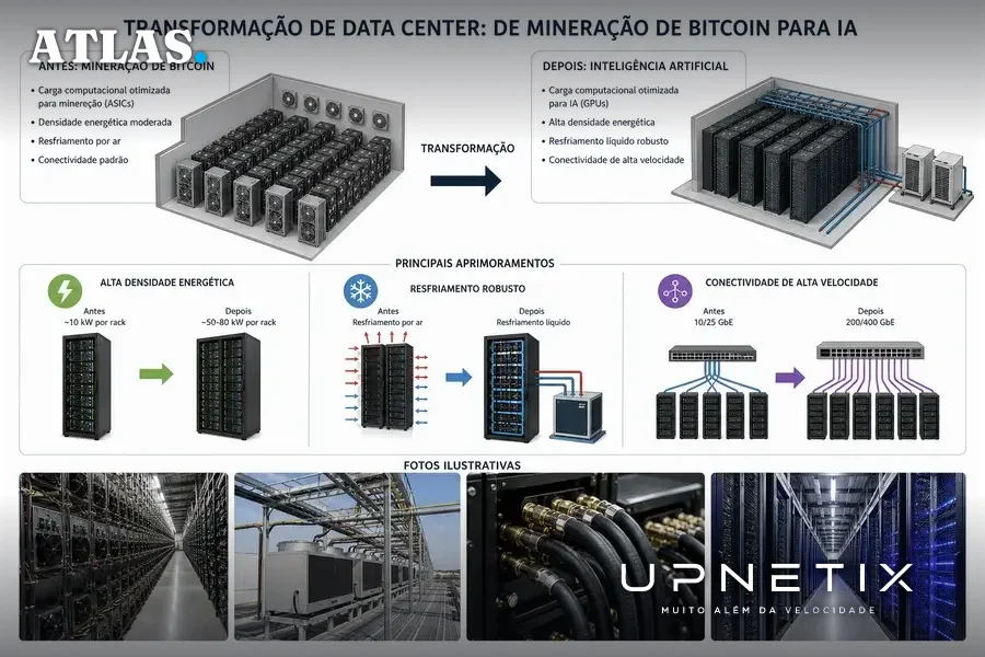 Diagrama técnico mostrando adaptação de data center de mineração de Bitcoin para operações de IA, com destaque para características técnicas.