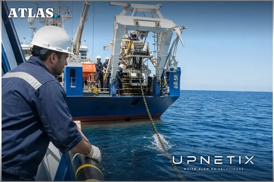 Navio instalando cabo submarino de fibra óptica no oceano