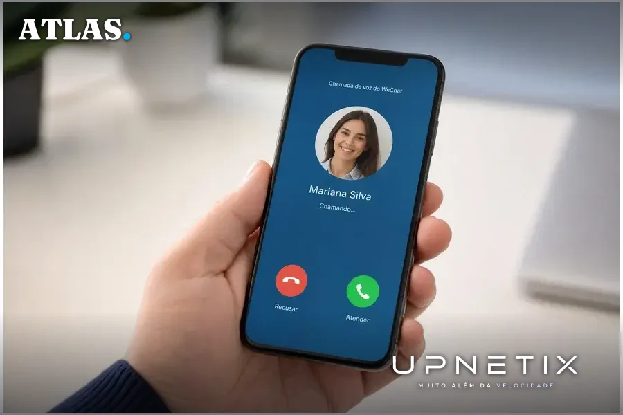 Smartphone recebendo chamada via WeChat, foco na tela da chamada.
