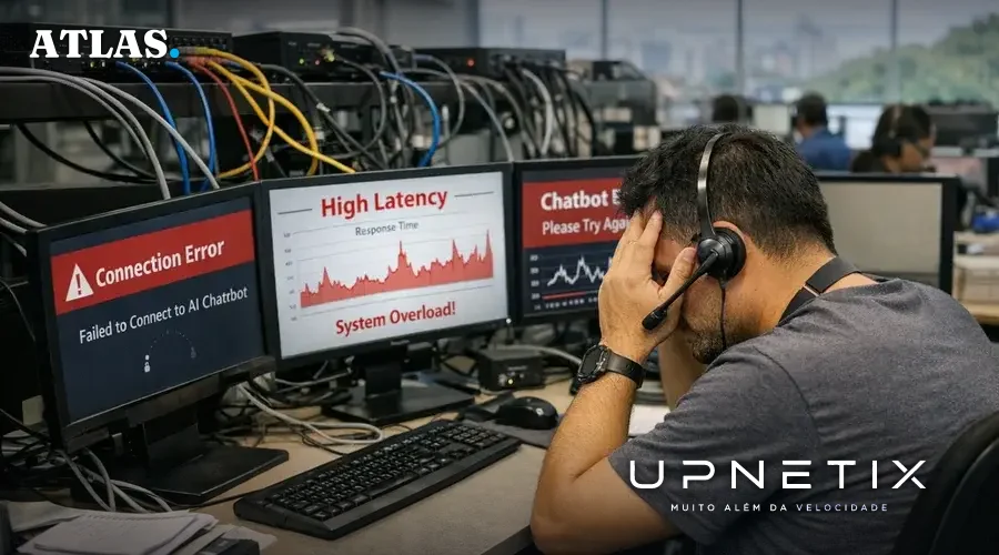 Operador em call center lida com instabilidades de chatbot de IA devido à infraestrutura de rede limitada.