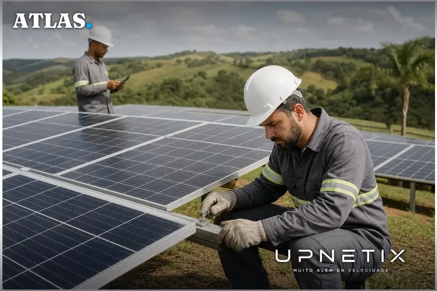 Técnicos em fazenda solar de geração distribuída no Brasil