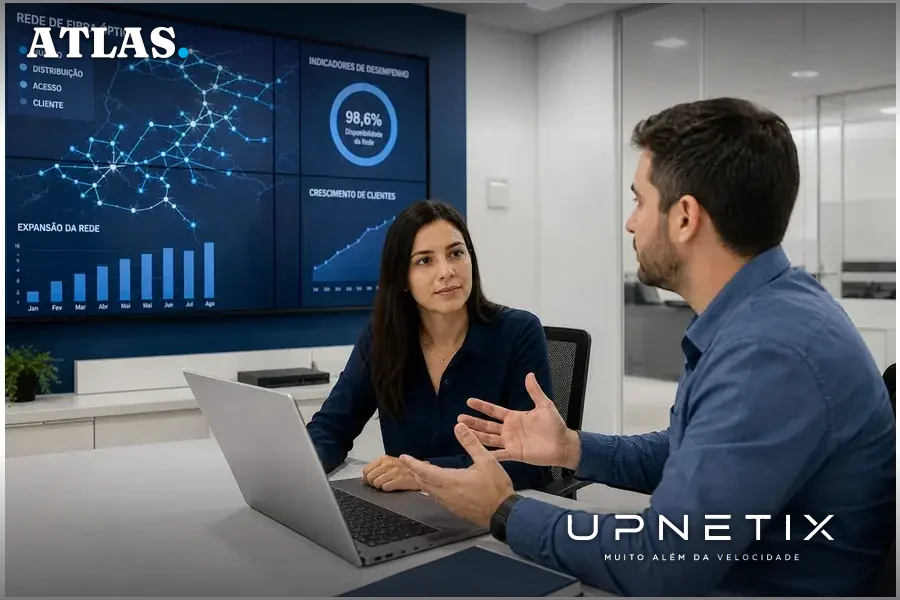Profissionais de ISP regional discutindo planos de expansão em escritório corporativo moderno com gráficos de rede de fibra óptica ao fundo.