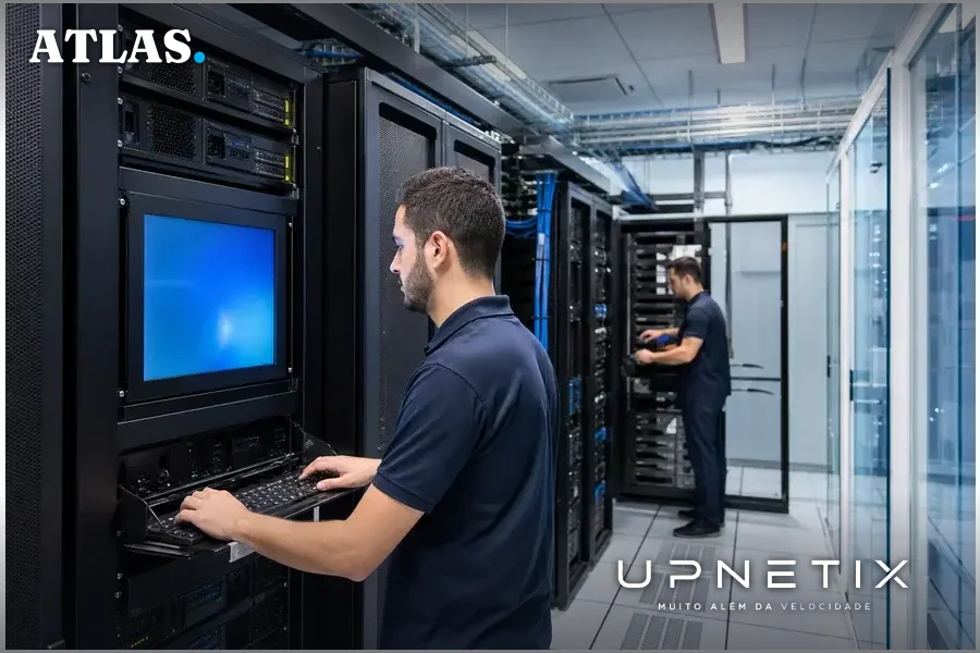 Técnicos operando data center moderno no Brasil