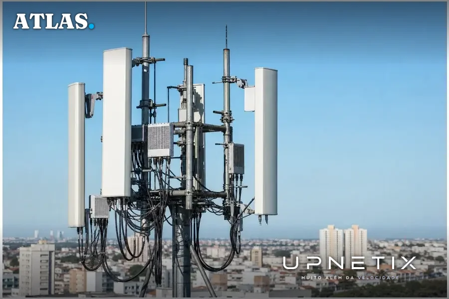 Torre de telecomunicações equipada com antenas para faixas de 900 MHz, 1.800 MHz, 1.900 MHz e 2.100 MHz em área urbana.