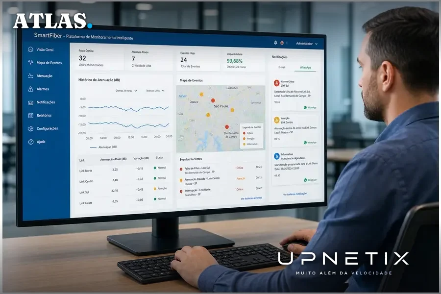 Tela de computador mostrando plataforma SmartFiber com mapa de falhas, histórico de atenuação e notificações automáticas em português.