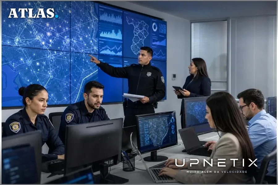Equipe policial e especialistas em tecnologia operando plataforma de inteligência artificial para segurança pública em sala de operações moderna