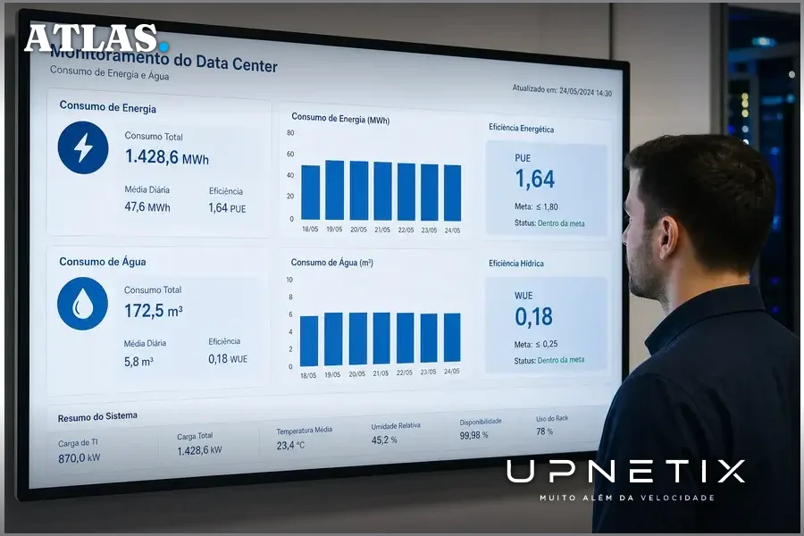 Painel digital mostrando indicadores de eficiência energética e hídrica em data center.