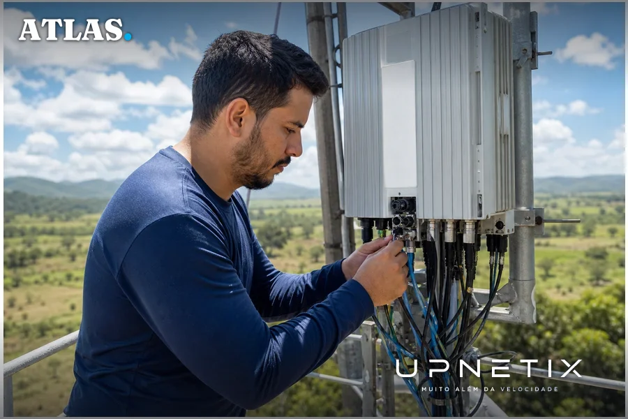 Técnico em telecomunicações fazendo manutenção de rede em área rural