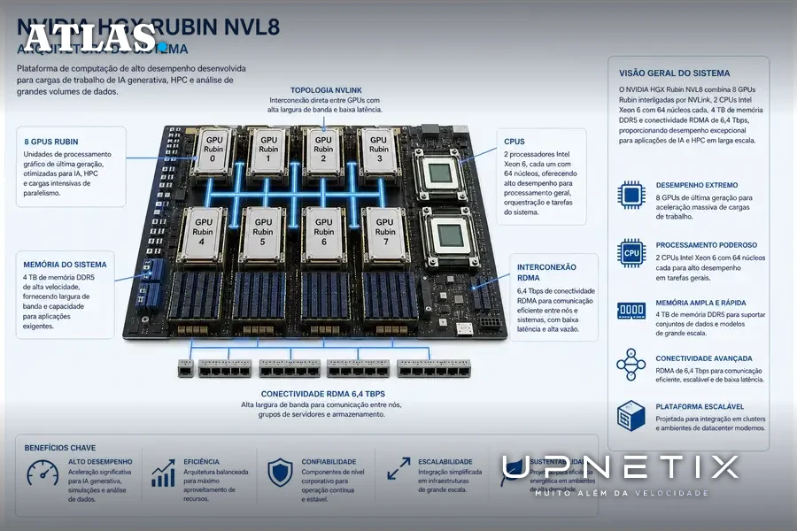 Diagrama da arquitetura do sistema NVIDIA HGX Rubin NVL8 detalhando GPUs, CPUs, memória e conectividade.