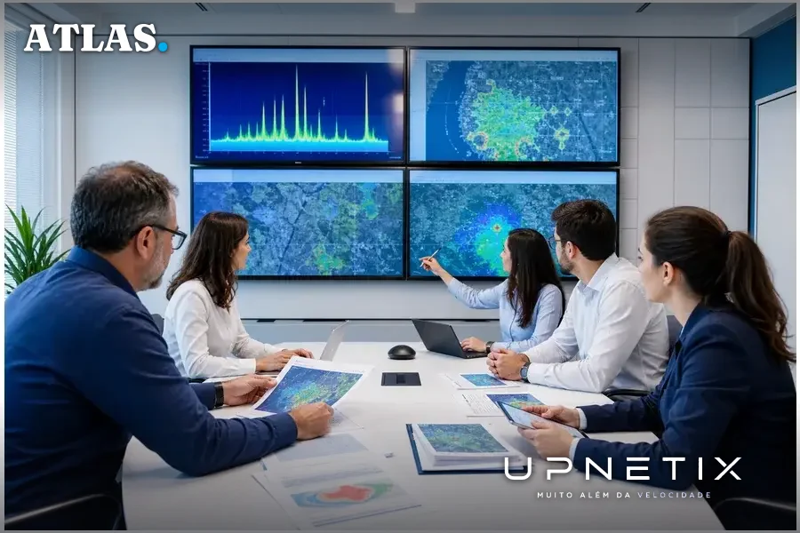 Engenheiros da Anatel em reunião analisando espectro de 6 GHz para redes Wi-Fi e móveis