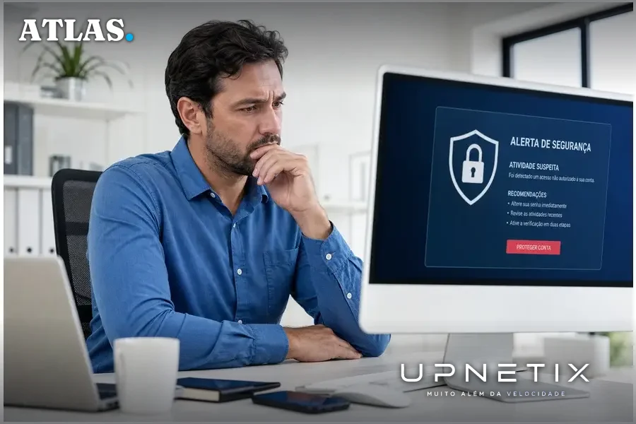 Pequeno empresário brasileiro preocupado com segurança digital em seu escritório.