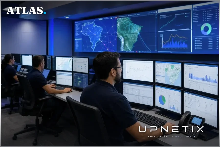 Sala de operação de rede de telecomunicações com técnicos monitorando sistemas em múltiplas telas.
