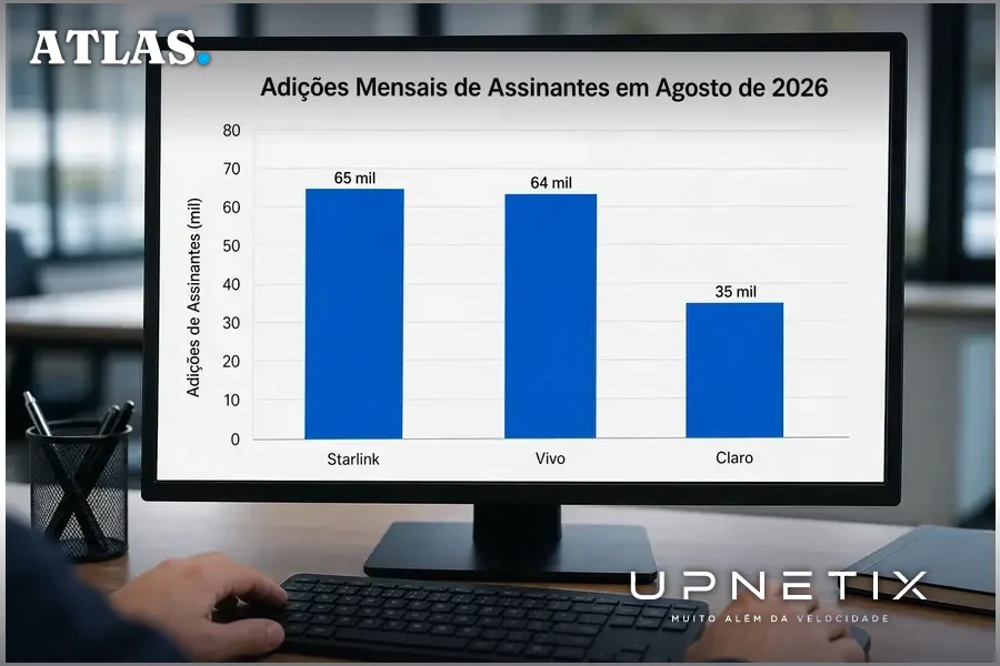 Gráfico de barras mostrando número de adições mensais de assinantes em agosto de 2026 para Starlink, Vivo e Claro.