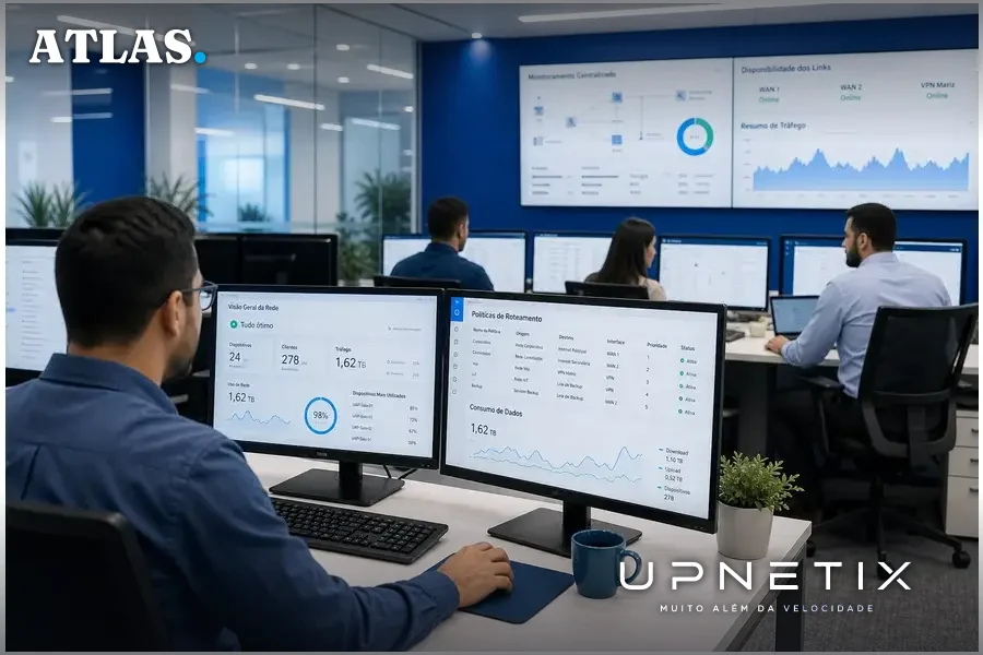 Profissionais monitorando rede UniFi com painel de gerenciamento centralizado