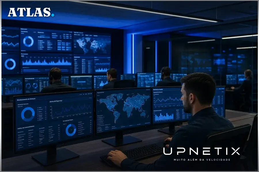 Analistas de segurança cibernética operando em centro de comando e controle com múltiplos monitores digitais.