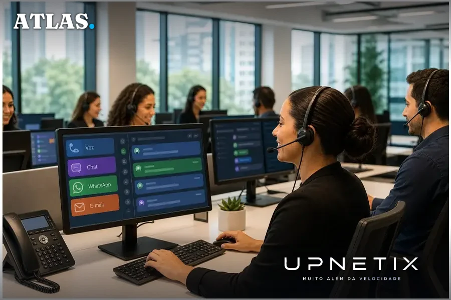 Operadores de call center trabalhando com múltiplos canais integrados em plataforma unificada.