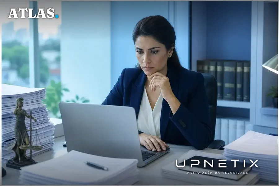 Advogada brasileira analisando contratos e segurança de dados em ambiente corporativo com uso de IA.