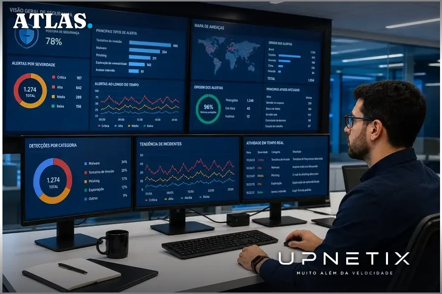Profissional brasileiro de segurança da informação monitorando múltiplas telas com alertas de cibersegurança e dashboards em sala de controle de TI.
