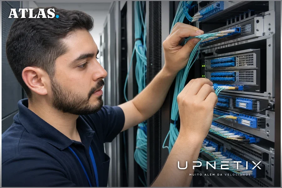Técnico instalando cabos multifibra em data center moderno, mostrando complexidade da infraestrutura óptica.