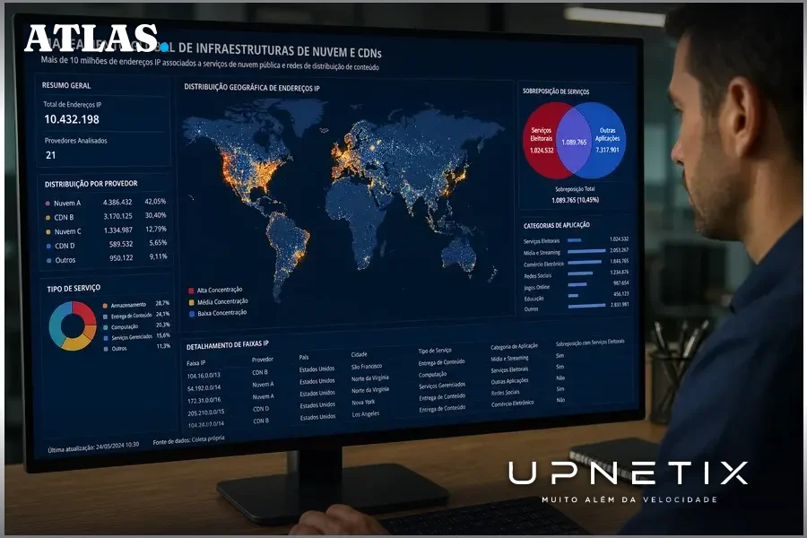 Mapa digital com pontos de IPs mostrando sobreposição de tráfego eleitoral e outras aplicações em nuvens públicas.