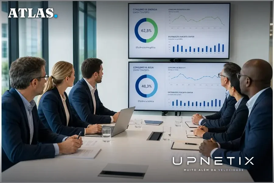 Reunião de gestores europeus discutindo eficiência energética e hídrica em data centers.