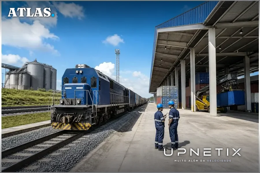 Terminal ferroviário com trens de carga e funcionários em operação no Brasil.