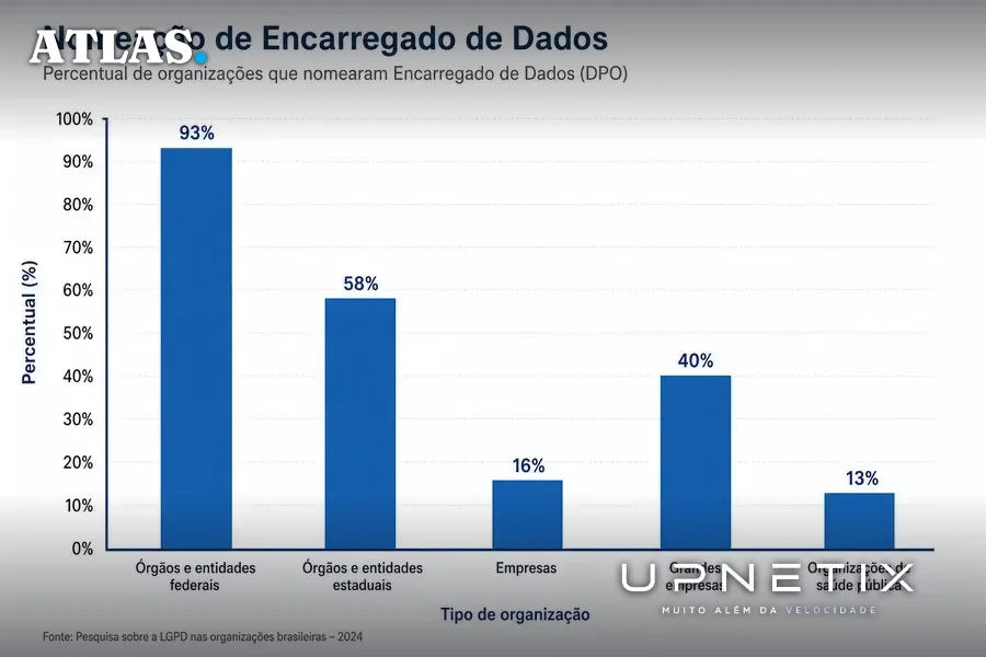 Gráfico de barras verticais mostrando percentuais de nomeação de encarregado de dados pela LGPD em diferentes setores e portes no Brasil.