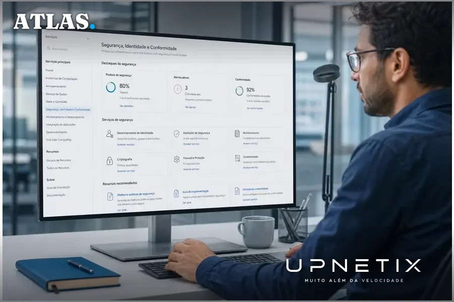 Tela de computador exibindo interface da AWS com elementos de segurança em ambiente corporativo.