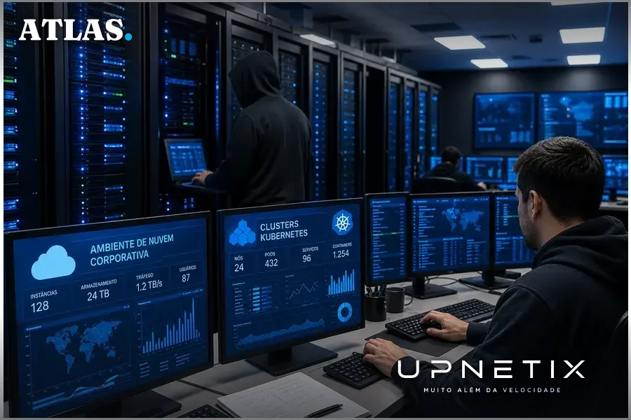 Data center moderno com servidores e clusters Kubernetes em ambiente de nuvem corporativa.