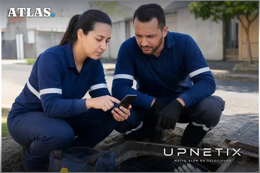 Equipe de campo telecom consultando smartphone com notificações de falha em rede óptica via WhatsApp próximo a cabos ópticos.