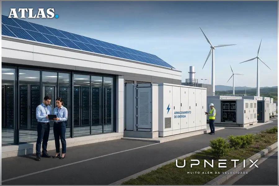 Data center moderno com fontes híbridas de energia renovável e térmica em operação.