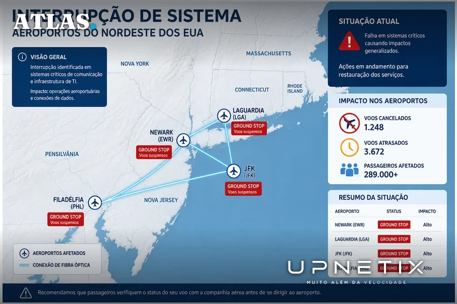 Mapa esquemático realista mostrando aeroportos afetados pelo corte do cabo de fibra óptica e interrupção de voos.