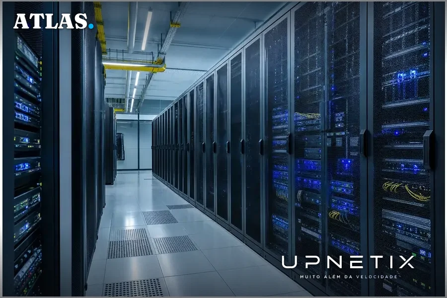 Data center moderno do TCU com servidores e equipamentos de TI sob iluminação azul fria.