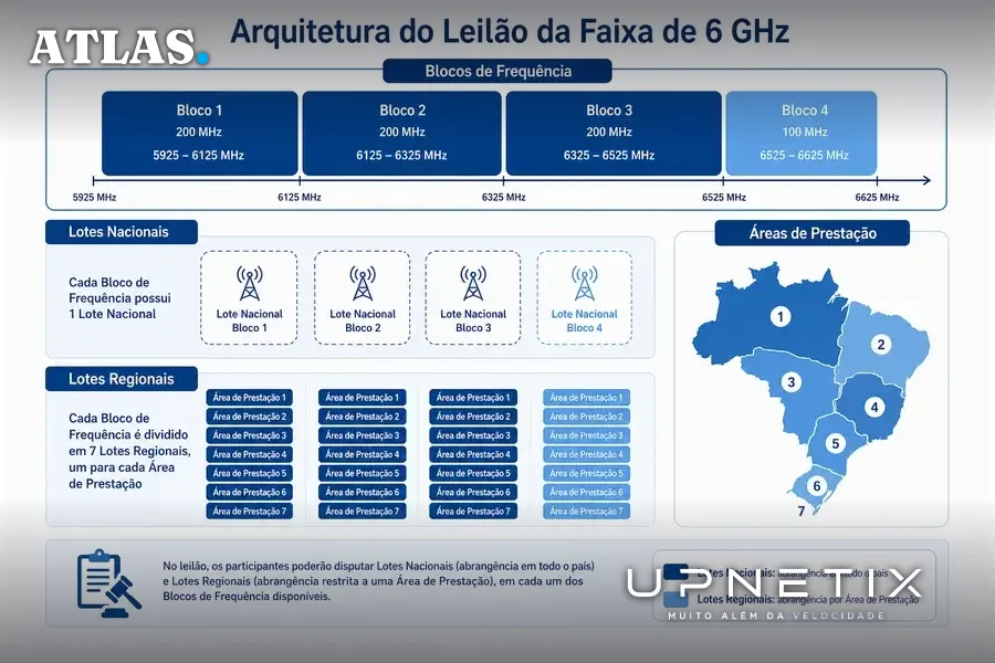 Diagrama explicativo da estrutura dos blocos e lotes do leilão da faixa 6 GHz da Anatel.