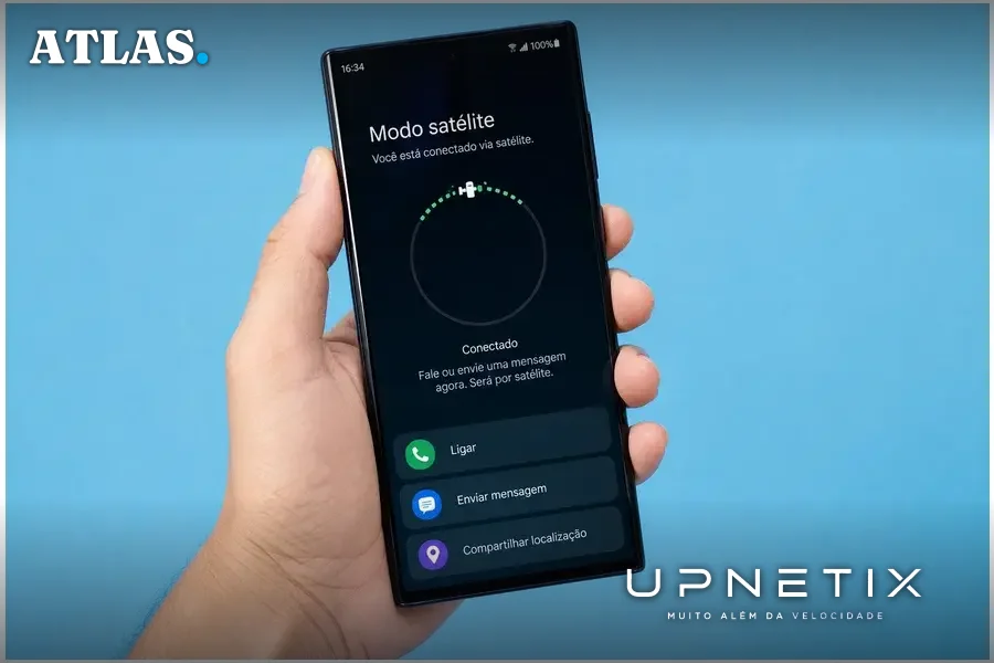 Smartphone moderno em modo satélite, com fundo azul neutro