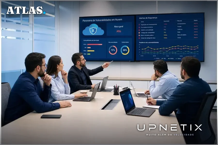 Equipe de especialistas em segurança da informação em reunião discutindo vulnerabilidades na nuvem.