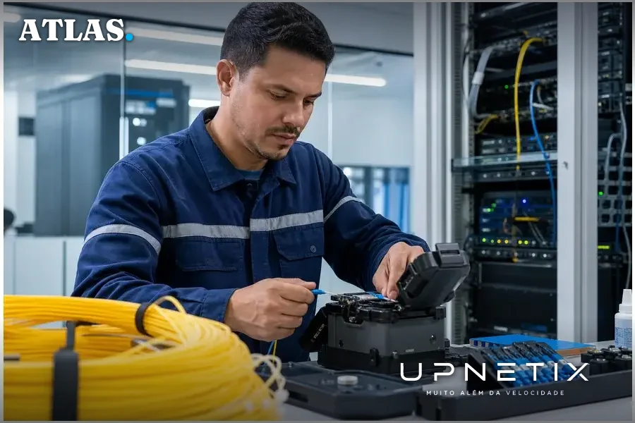 Técnico da Etice trabalhando na manutenção de equipamentos de fibra óptica em centro de operações.