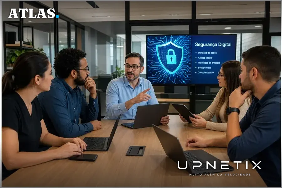 Equipe de PME brasileira em reunião discutindo segurança digital.