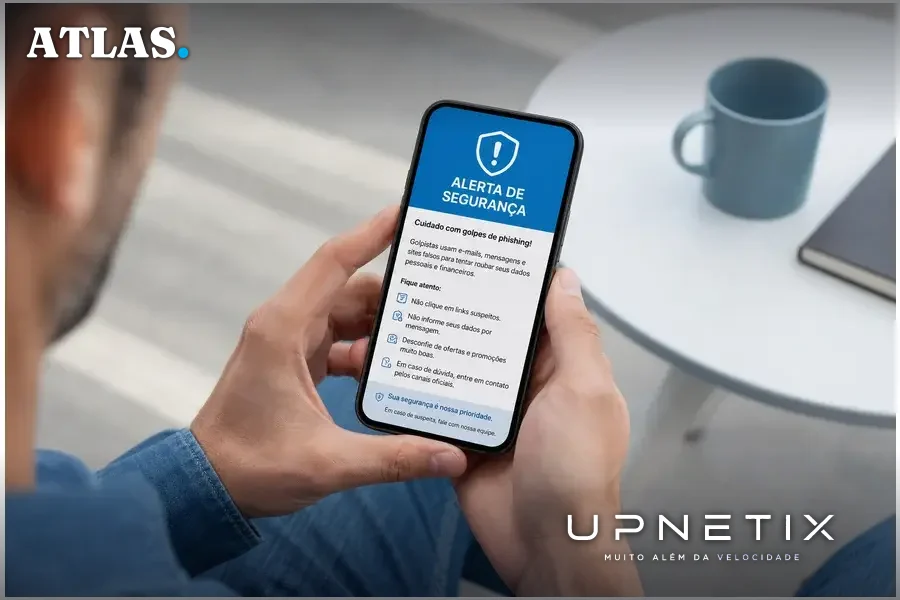 Usuário visualizando orientação contra golpes de phishing em smartphone.