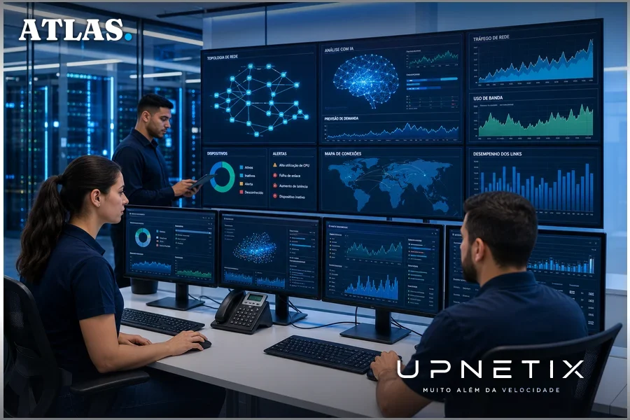 Equipe técnica em sala de operações de data center utilizando sistemas avançados de monitoramento de redes