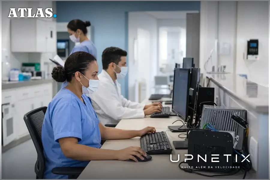 Profissionais de saúde em hospital público brasileiro com equipamentos tecnológicos e computadores, simbolizando a proteção de dados sensíveis na saúde.