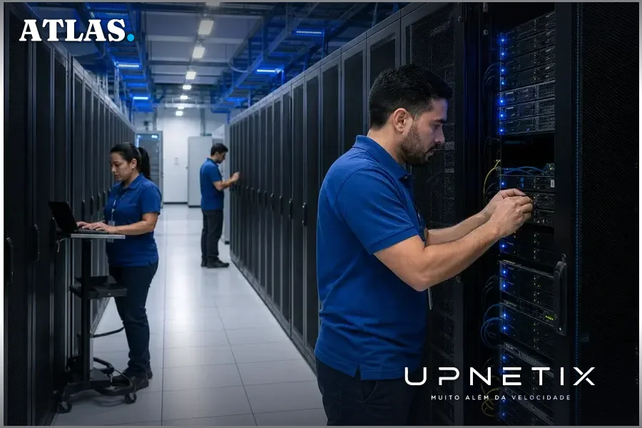 Data center moderno com técnicos realizando manutenção em servidores.