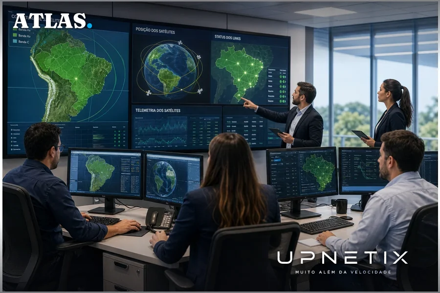 Engenheiros em sala de operações monitorando redes de satélite e cobertura móvel.