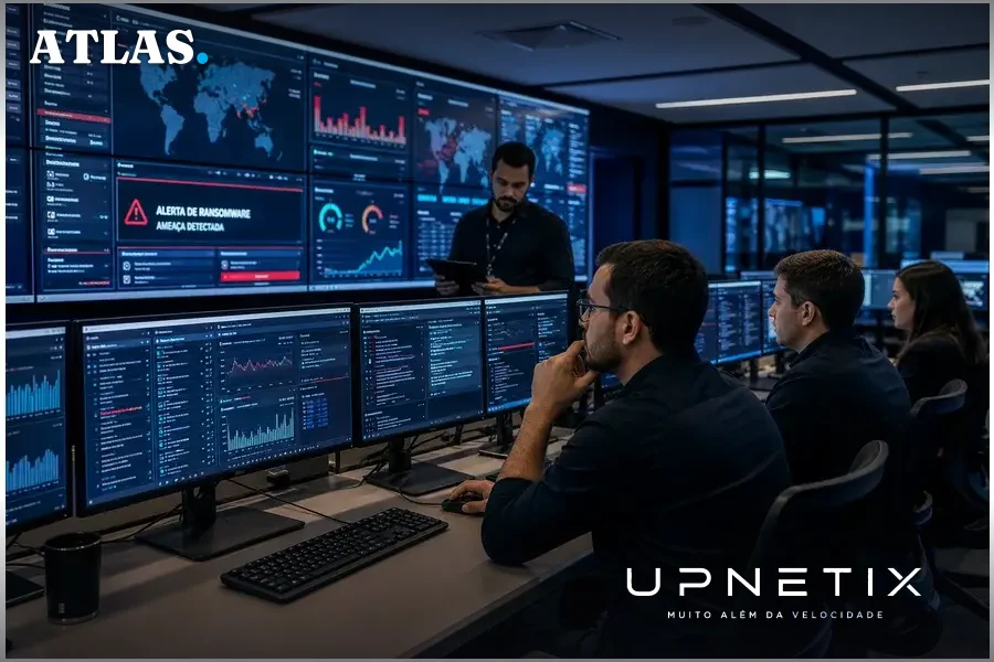 Profissionais de segurança cibernética analisando alertas de ransomware em uma sala de operações moderna.