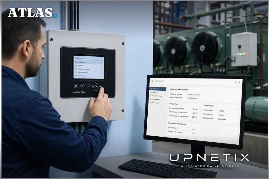 Painel de controle industrial Danfoss AK-SM800 com interface remota, em ambiente industrial.