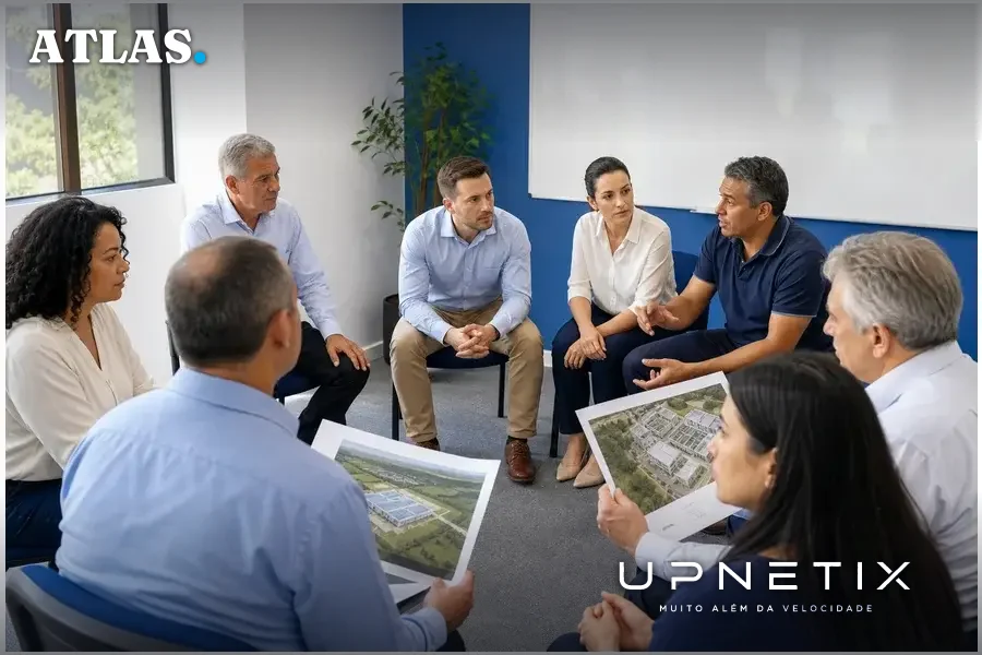 Reunião entre comunidade local e operadores de data centers discutindo impactos ambientais.